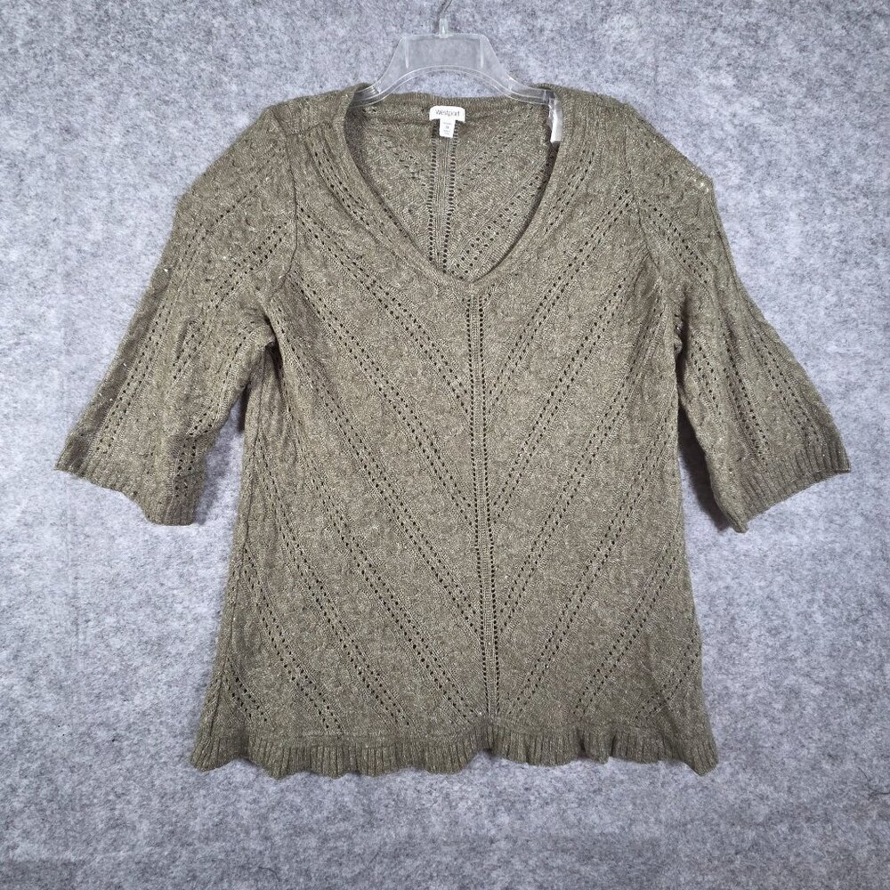 Westport Women’s Crochet Knit Sweater Olive Green V-Neck Long Sleeve  Size 1X